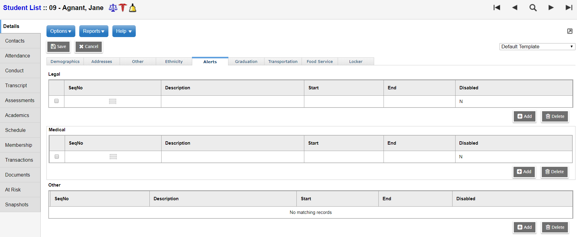 Student details page, Alerts tab 