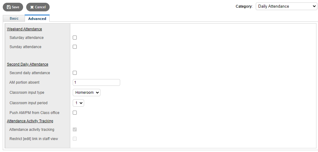 School view, Daily Attendance preference, Advanced sub-tab