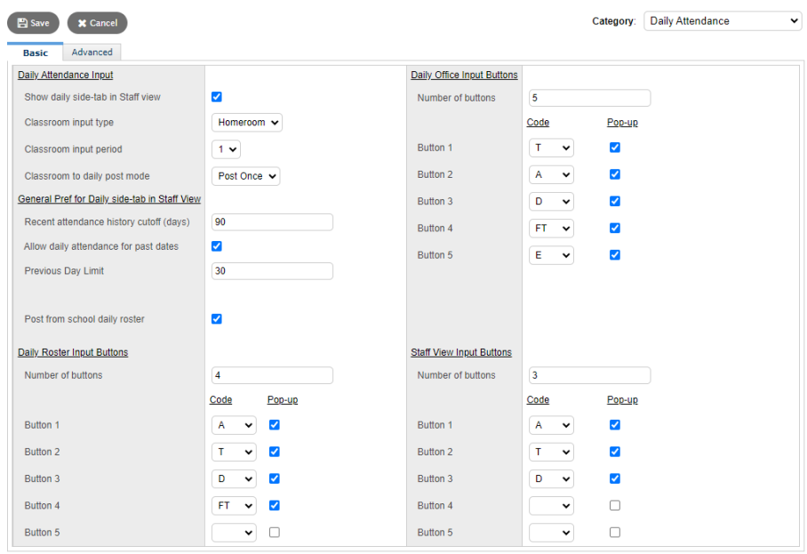 School view, Daily Attendance preference, Basic sub-tab